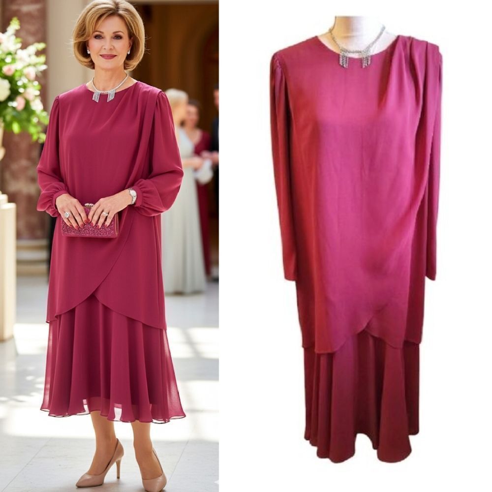VTG 80s Draped Chiffon Mother Of The Bride Mdi Dress Size 14 *Fits Like Large